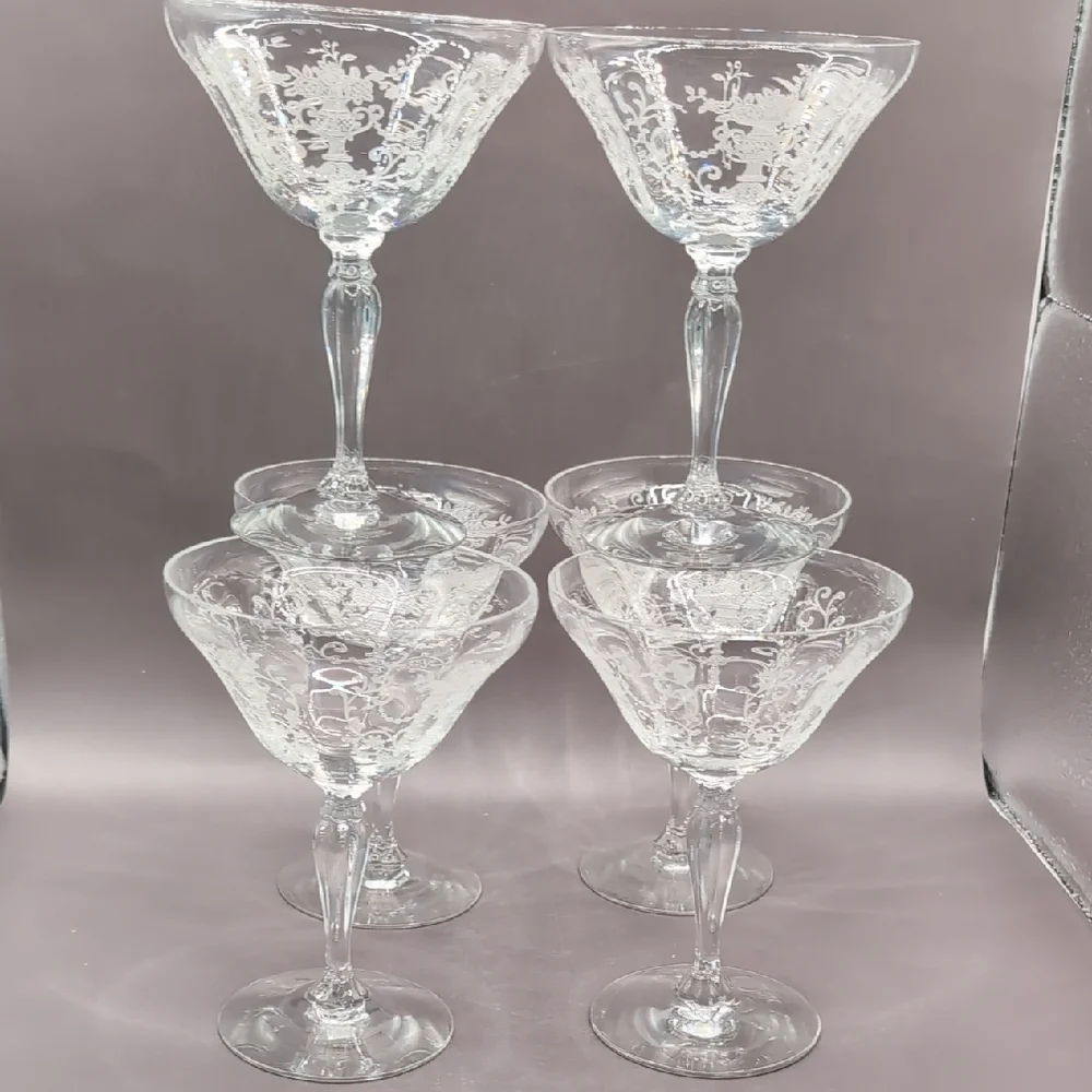 Six 6 Vintage Fostoria Florentine Etched Crystal Champagne Coupe Glasses 5.5